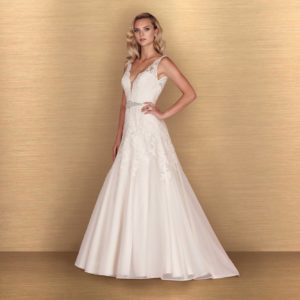 Paloma Blanca 4650 Wedding Dress Sample Sale - Modified A line organza skirt, lace bodice with plunging v-neckline and low v-back with straps and train.