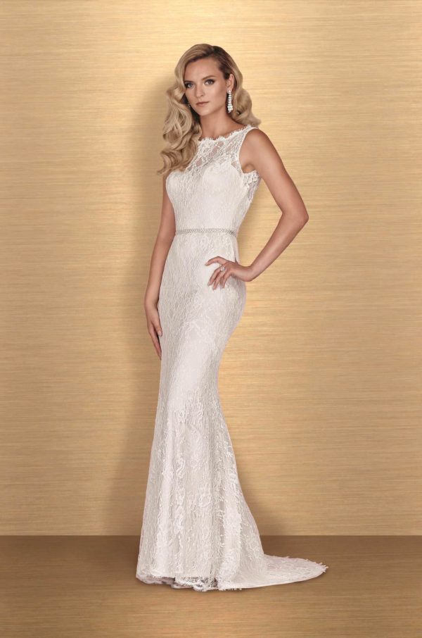 Paloma Blanca 4655 Wedding Dress Sample Sale - Fit and flare in french Chantilly Lace, All-over lace gown with bateau neckline and plunging back with belt detail.