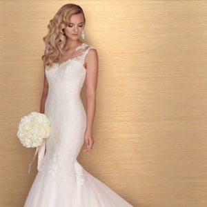 Paloma Blanca 4672 Wedding Dress - Fit and flare silhouette with a sweetheart lace tunic bodice, invisible tulle yoke, low open back and cap sleeves.
