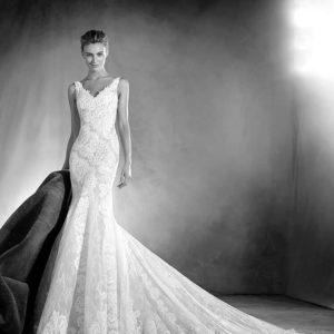 Pronovias Atelier Elaia Wedding Dress - Stunning Mermaid style dress with a V neckline, open back lace allover and delicate thin straps.