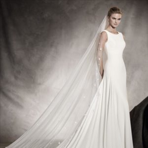 Pronovias Amaya Wedding Dress - Simple & sexy sleeveless A Line crepe dress with a high crew neckline, fitted bodice and long train.