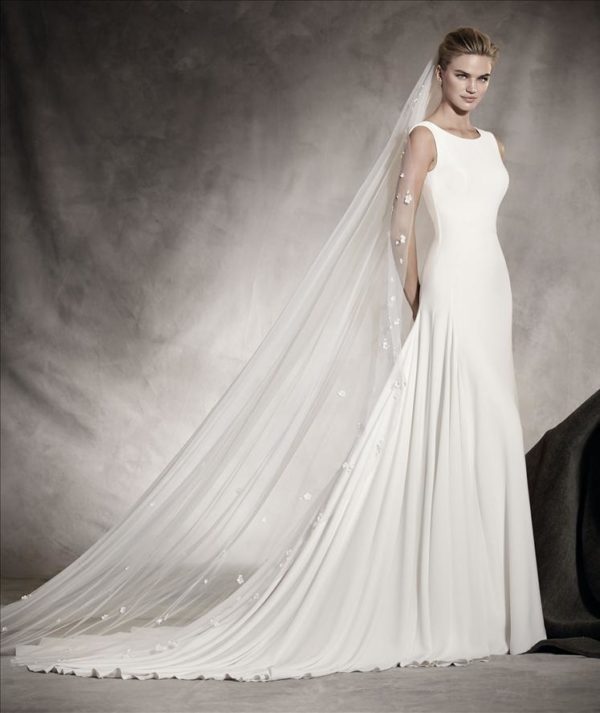 Pronovias Amaya Wedding Dress Sample Sale - Simple & sexy sleeveless A Line crepe dress with a high crew neckline, fitted bodice and long train.