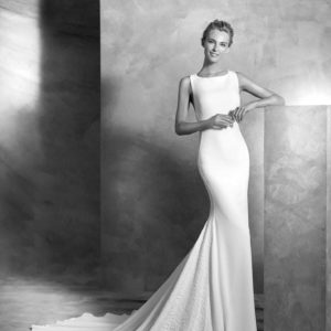 Pronovias Atelier Valira Wedding Dress Sample Sale - Fit and Flare dress with French lace on sides, bateau neckline, open back with criss cross straps and train.