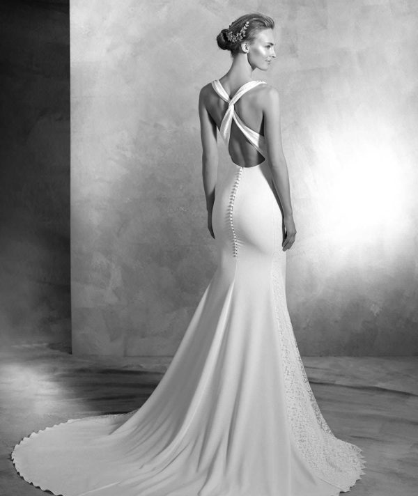 Pronovias Atelier Valira Wedding Dress Sample Sale - Fit and Flare dress with French lace on sides, bateau neckline, open back with criss cross straps and train.