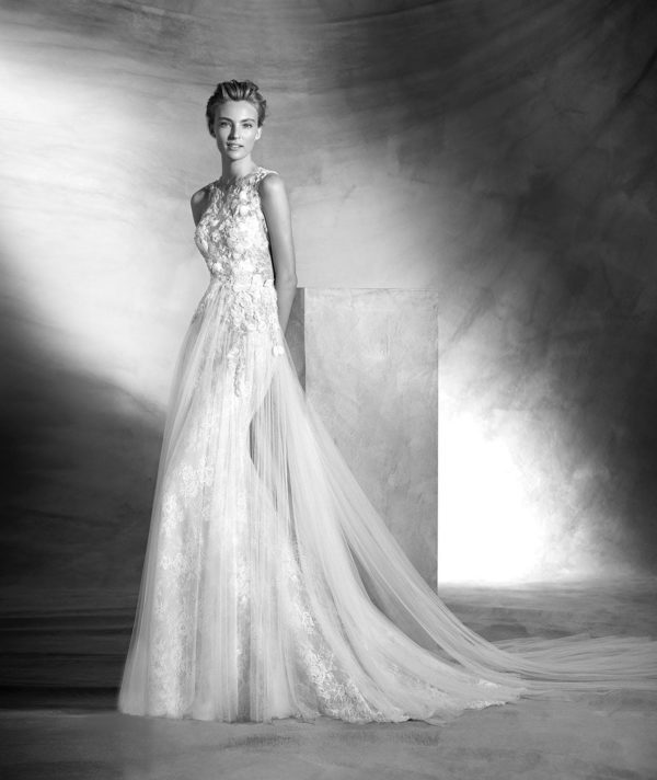 Pronovias Atelier Vintage Wedding Dress Sample Sale - A Line style with sheer illusion tulle bodice, crew neck, gemstone embroidery front and open back.