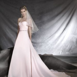Pronovias Ortuella Wedding Dress Sample Sale - Classic A-line dress with sweetheart neckline, fitted draped bodice, belt detail on dropped waist, and train.