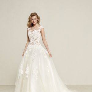 Pronovias Drisule Wedding Dress Sample Sale - Princess ballgown with a full skirt in layers of tulle, fitted bodice, embroidery all over and illusion neck.