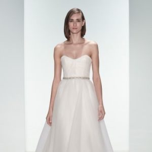 Amsale Aberra Piper Wedding Dress Sample Sale - A-line with a hand beaded belt, sweetheart neckline, full skirt and classic sweep train.
