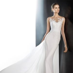 Pronovias Prosal Wedding Dress Sample Sale - Fit and flare chiffon dress with crystal beaded lace, detachable train, open back and modified sweetheart neckline.
