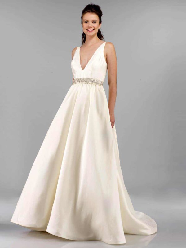 Tulle NY Ramsey Wedding Dress - A lightweight Silk Shantung A-Line wedding gown with a plunging neckline and a low open back.