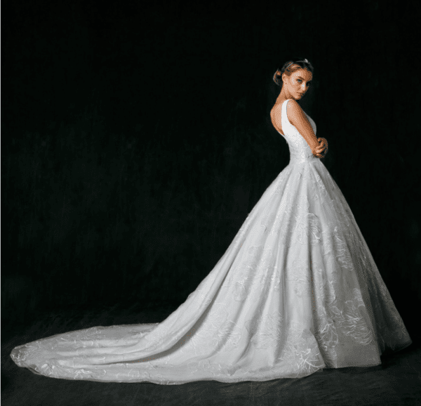 Sareh Nouri Alessandra Wedding Dress Sample Sale - Ball gown style with large floral over-lace detailing, sparkle tulle underlay v-neckline and long train.