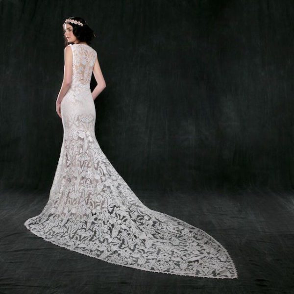 Sareh Nouri Jonquil Wedding Dress Sample Sale - Soft mermaid dress with embroidered lace, a nude underlay, soft illusion, low back, and a catherdral V-point train.