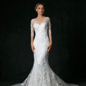 Sareh Nouri Vienna Wedding Dress - Soft lace trumpet dress with 3/4 sleeves, sweetheart illusion neckline, open back, and cathedral-length train.