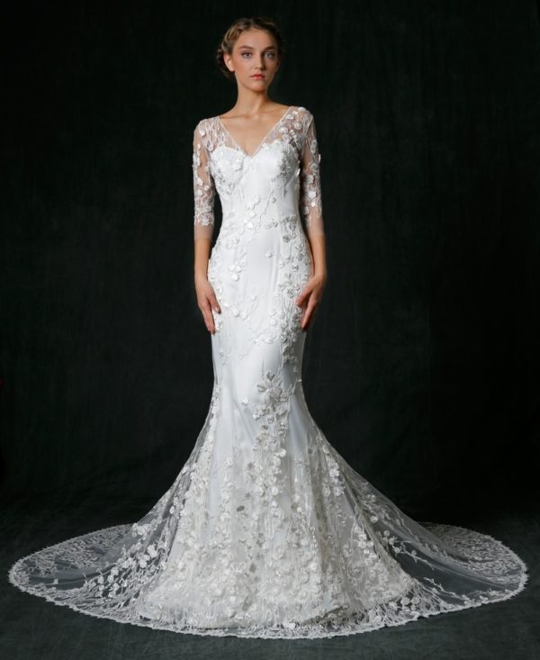Sareh Nouri Vienna Wedding Dress Sample Sale - Soft lace trumpet dress with 3/4 sleeves, sweetheart illusion neckline, open back, and cathedral-length train.