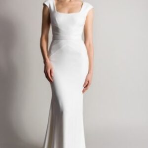 Suzanne Neville Calla Wedding Dress Sample Sale - Fitted crepe dress with a squared neckline and cap sleeves accented by a V-back and classic sweep train.