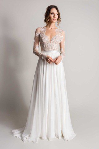Long Sleeve V-neck A-line Wedding Dress With Lace Bodice And Satin Skirt