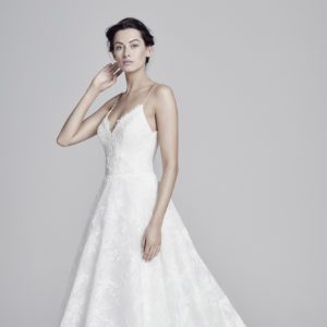 Suzanne Neville Harlow Wedding Atelier - Beautiful Lace ballgown with delicate spaghetti strap fitted bodice and sweetheart neckline.