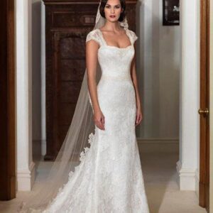 Suzanne Neville Lucia Wedding Dress Sample Sale - Corded lace overlay fit to flare dress with sweetheart neckline and cap sleeves in duchess satin.