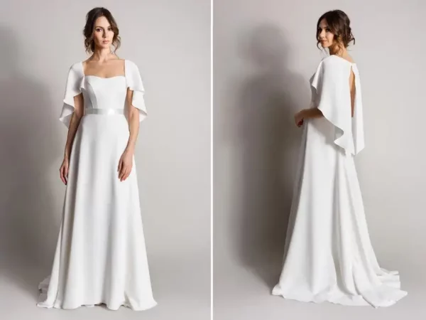 Suzanne Neville Nightingale Wedding Dress Sample Sale - Strapless Italian crepe sheath dress with a Modified sweetheart neckline and optional crepe cape.