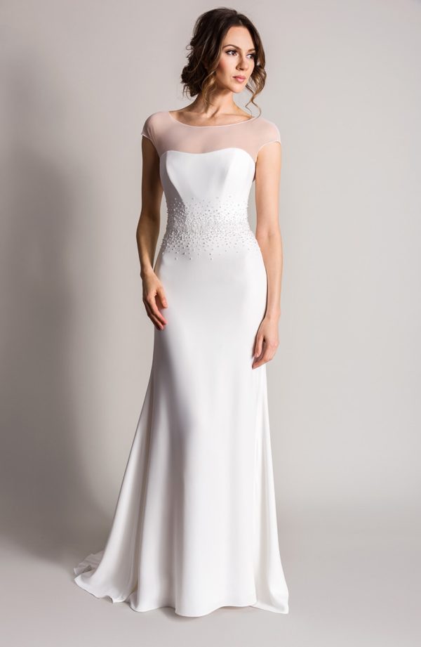 Suzanne Neville Wisteria Wedding Dress Sample Sale - A Line dress with sweetheart neckline, elegant illusion mesh neck, and delicate crystals waistline.