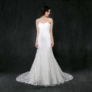 Sareh Nouri Daphne Wedding Dress Sample Sale - Soft trumpet dress with beaded floral lace at the sweetheart neckline. V-shape back and a cathedral length train.