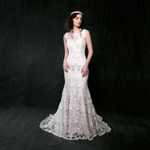 Sareh Nouri Jonquil Wedding Dress Sample Sale - Soft mermaid dress with embroidered lace, a nude underlay, soft illusion, low back, and a catherdral V-point train.