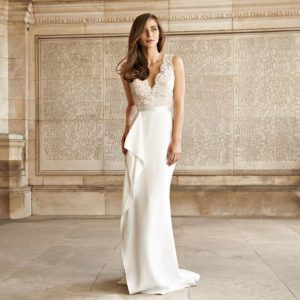 Suzanne Neville Scarlet Wedding Dress - Sheath elegant Italian crepe dress with corded lace v-neckline bodice and satin belt with front slit.