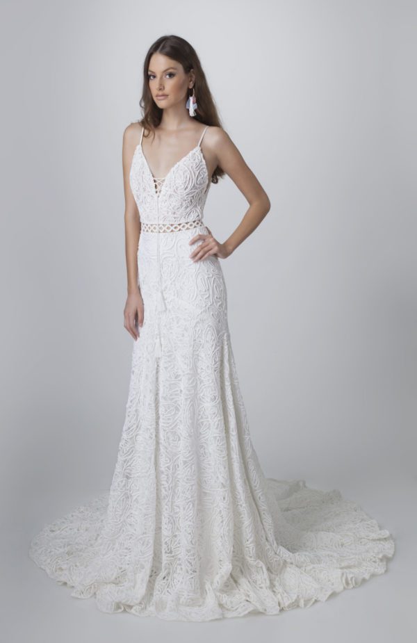 Rish Sophia Wedding Dress Sample Sale - Fitted silhouette dress with spaghetti straps, textured woven lace and delicately beaded with Swarovski crystals