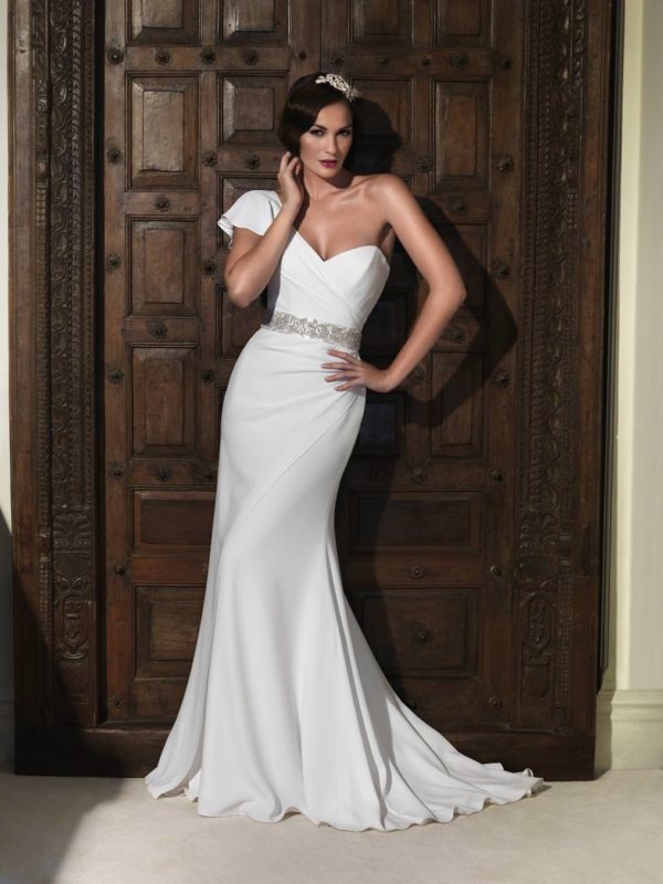 Suzanne Neville Spellbound Wedding Dress Sample Sale - A Line italian crepe dress with one shoulder, ruched fitted bodice, beaded sash, and puddle train.