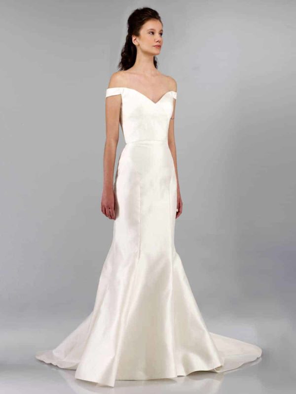 Tulle NY Tamara Wedding Dress - Silk Shantung fit and flare gown with seam detailing and a beautiful off the shoulder sweetheart neckline.
