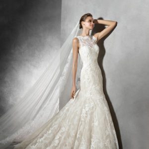 Pronovias Terence Wedding Dress Sample Sale - Mermaid style dress with an elegant strapless sweetheart neckline, illusion high neck, allover lace, open back and train.