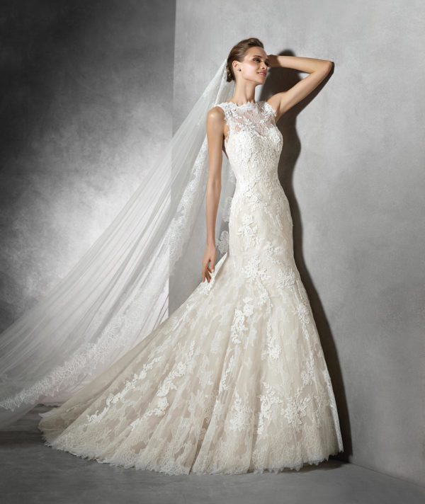 Pronovias Terence Wedding Dress Sample Sale - Mermaid style dress with an elegant strapless sweetheart neckline, illusion high neck, allover lace, open back and train.