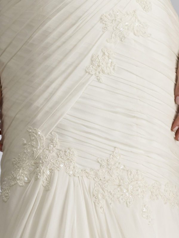 Tulle NY Jennifer Wedding Dress Front Close Up – Strapless, delicately raped chiffon gown with hand-beaded lace appliques