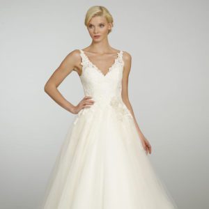 Alvina Valenta 9301 Wedding Dress Sample Sale - A Line style dress with alencon lace bodice, V-neckline, lace layered throughout and a classic sweep train.