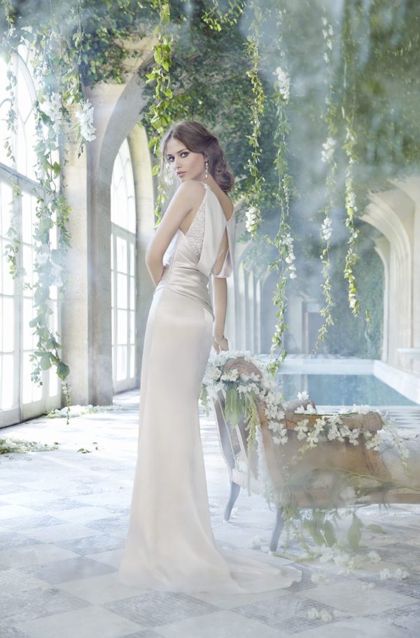 Alvina Valenta 9367 Wedding Dress Sample Sale - Fit and flare with a charmeuse beaded illusion V neckline at front and back and jeweled appliqué detail.