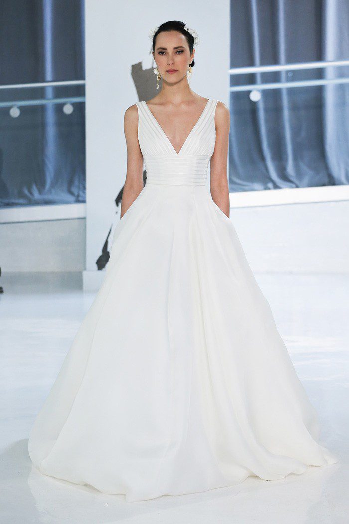 Peter Langner Eva Wedding Dress - Silk organza ballgown with deep V-neckline and silk soutage ribbon detail on the bodice.