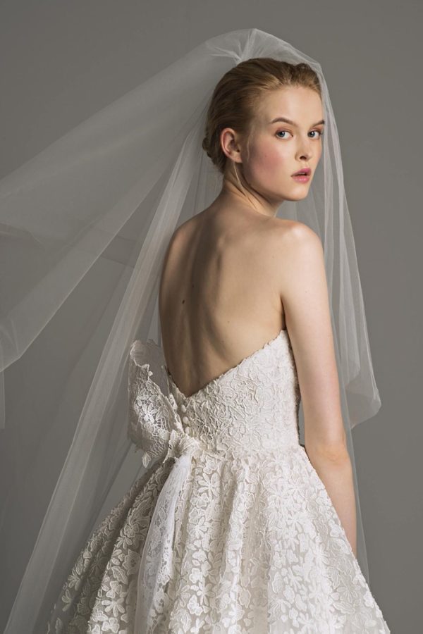 Peter Langner Nadine Wedding Dress - Beautiful Ballgown strapless dress in crinoline embroidered with cut out guipure lace flowers all over and train.