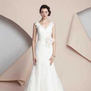 Alyne Catherine Wedding Dress Sample Sale - Slim A-line wedding dress with sheer lace V-neck straps and covered buttons down the back.