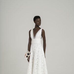 Peter Langner Chloe Wedding Dress - A Line style dress in silk jacquard with deep V neckline, Fitted bodice, sexy cut on sides and tulle details. 