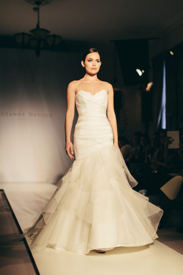 Suzanne Neville Adelphi Wedding Dress Sample Sale - Strapless sweetheart neckline fit and flare dress with a beautiful draped tulle organza bodice.