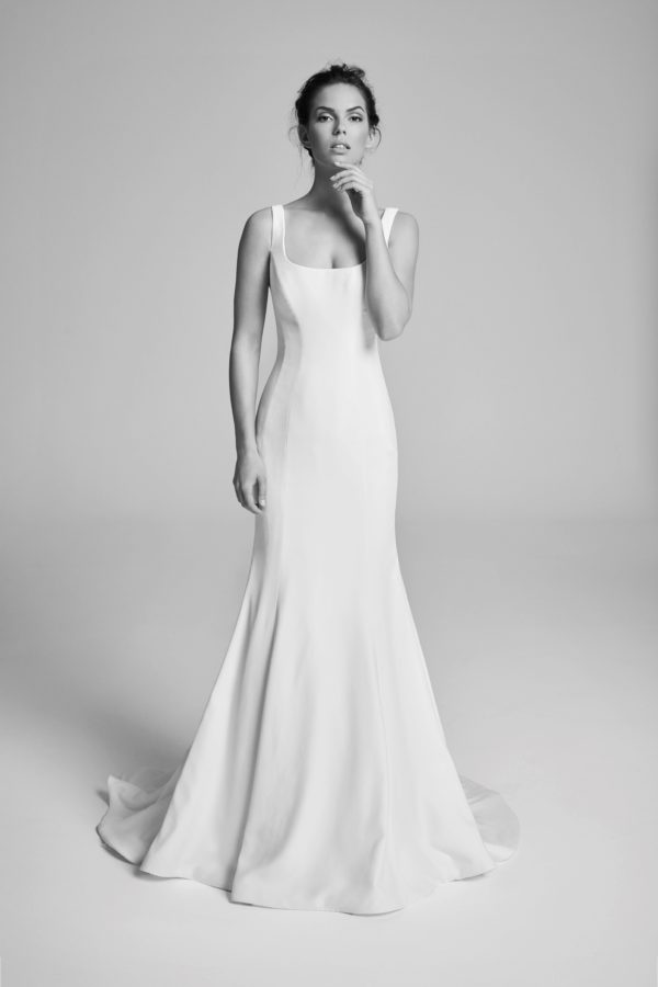 Suzanne Neville Coco Wedding Dress Sample Sale - Simple, sexy matte crepe fit and flare dress with scoop neck, straps and button back detailing.