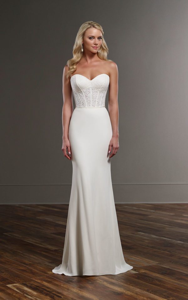 Martina Liana Cora Wedding Dress Sample Sale - Strapless sweetheart neckline wedding dress featuring elegant, fine lace with zipper back.