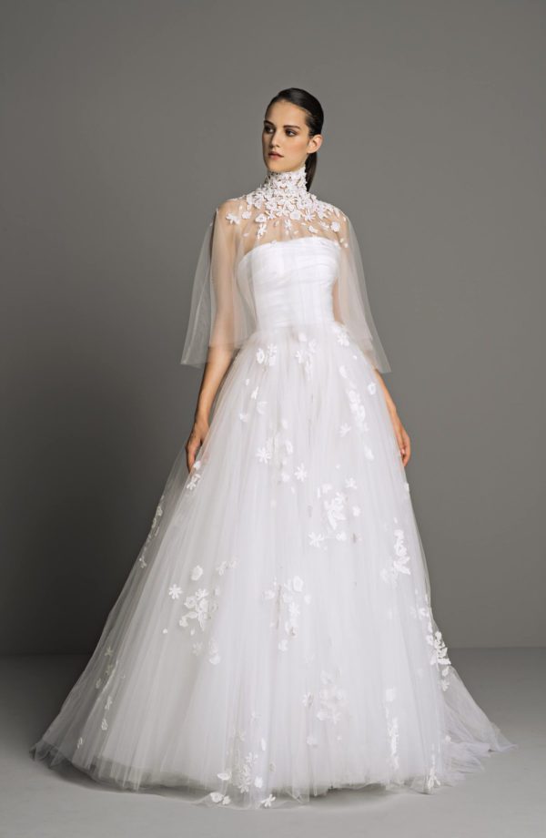 Peter Langner Daisy Wedding Dress - Strapless ball gown dress with fitted bodice, draped bustier in silk faille and 3D flowers embroidered on skirt.