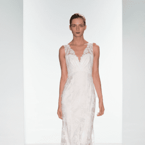 Amsale Aberra Dana Wedding Dress Sample Sale - A-Line with a gorgeous embroiled lace V neckline and an elegant sheer back.