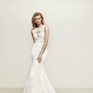 Pronovias Dril Wedding Dress Sample Sale - Lace, satin mermaid dress with illusion high neckline, deep v-plunging neck and open back with belt detail.