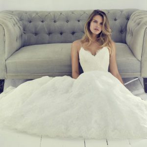 Suzanne Neville Harlow Wedding Atelier - Beautiful Lace ballgown with delicate spaghetti strap fitted bodice and sweetheart neckline.