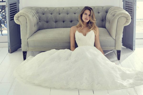 Suzanne Neville Harlow Wedding Atelier - Beautiful Lace ballgown with delicate spaghetti strap fitted bodice and sweetheart neckline.