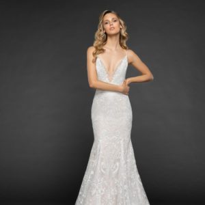 Hayley Paige Haruki 6865 Wedding Dress Sample Sale - Fit and flare dress with v-neckline, low v-back, delicate illusion net with rhinestone accent and spaghetti straps.