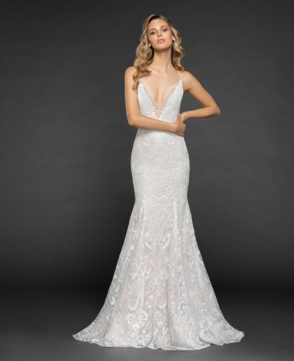 Hayley Paige Haruki 6865 Wedding Dress Sample Sale - Fit and flare dress with v-neckline, low v-back, delicate illusion net with rhinestone accent and spaghetti straps.