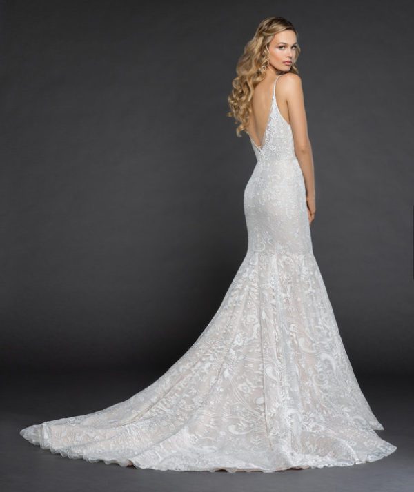 Hayley Paige Haruki 6865 Wedding Dress Sample Sale - Fit and flare dress with v-neckline, low v-back, delicate illusion net with rhinestone accent and spaghetti straps.